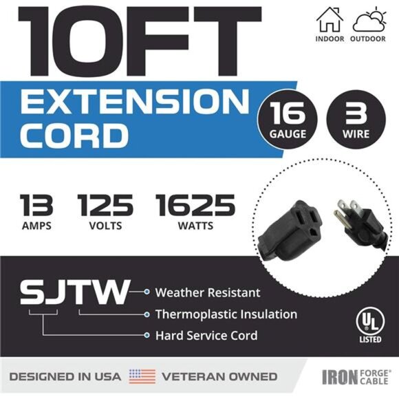 2 Pack Outdoor Extension Cord 10 ft, 16/3 SJTW Heavy Duty Black Extension Cord - Picture 2 of 7